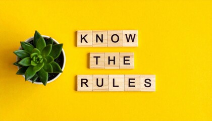 Succulent in white pot with “KNOW THE RULES” tiles on yellow
