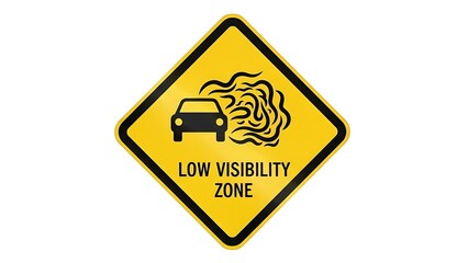 Low visibility zone warning sign with car in fog or smoke