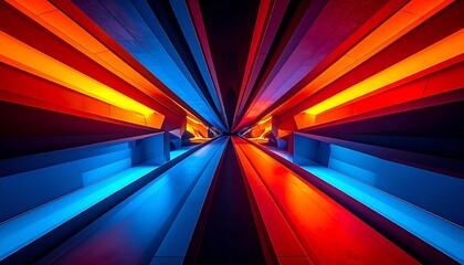 Abstract tunnel of converging geometric lines in vivid blue, red, orange—radiating motion and depth.