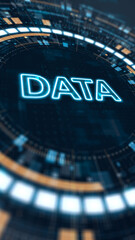 Vertical big data and analytics concept showing glowing data text inside a futuristic HUD interface that represents information processing and digital technology systems.