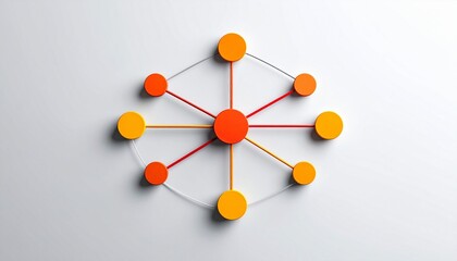 Centralized network diagram, red hub, orange-yellow nodes, symmetrical connectivity