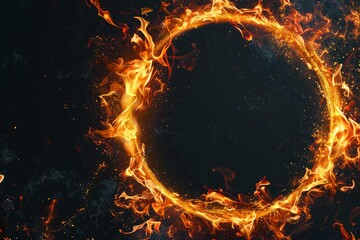 Fiery ring creating a circular border with sparks and smoke on a black background, perfect for design elements