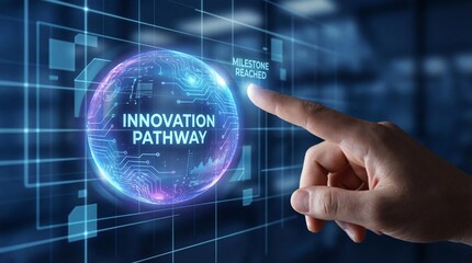 Innovation pathway milestone reached on a futuristic digital interface