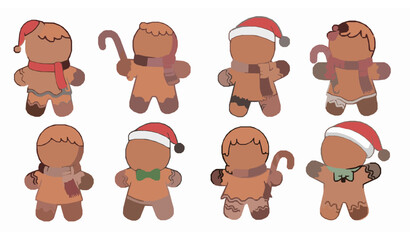 Cute cartoon gingerbread men vector collection isolated on white background for kids holiday illustrations