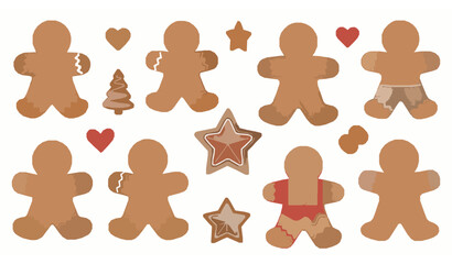 Decorative gingerbread men vector illustration set isolated on white background for festive baking themes