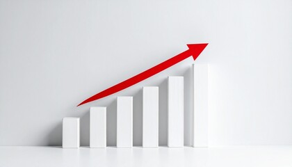 3D bar graph with rising red arrow—symbol of financial growth and upward performance trend.