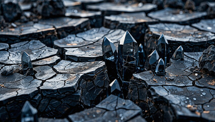Dark, Crystalline Spikes on Rough, Cracked Surface