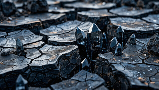 Dark, Crystalline Spikes on Rough, Cracked Surface - Powered by Adobe