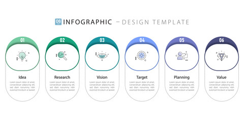 Business infographic template. 6 Step timeline journey. Process diagram, 6 options on white background, Infograph elements, technology, education, modern vector illustration.