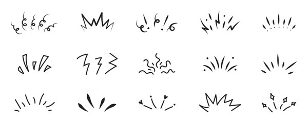 Fototapeta premium Happy manga style explosion and sparkle frame. Isolated doodle icons with curved lines, cute shine and bling look. Great for celebration, pop sticker or cheerful comic design.
