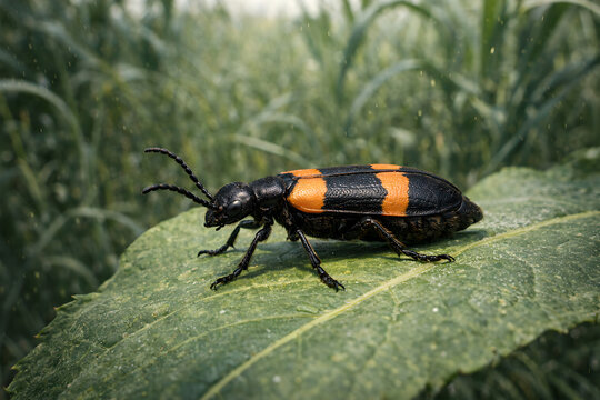 Photorealistic 3D medical concept of mild contact dermatitis from blister beetle exposure: blister beetle near a small localized redness patch on human forearm skin