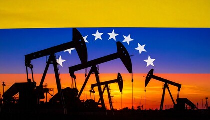 Venezuelan flag overlay on oil pumpjacks at sunset