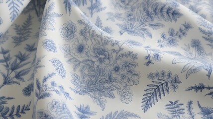 Elegant blue botanical pattern fabric draped in soft folds a classic white and blue floral and fern design for home decor and textiles