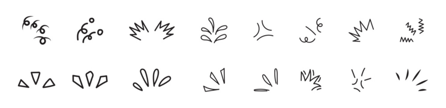Line explosion surprise burst ray icon elements. Doodle exclamation confetti vector illustration. Manga comic expression icons. Sun burst doodle icon. Isolated Vector Illustration