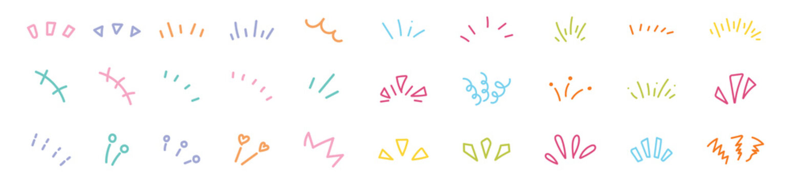 Hand drawn line art bursts with surprise rays and sparkles. Doodle hand drawn starburst icons shine bright. Surprise shapes for comic effects, manga splash, cartoon decorations. Vector illustration