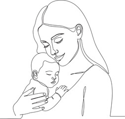 Continuous line drawing of a mother holding a baby, emotional minimal vector