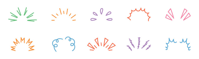 Fototapeta premium Doodle sparkle and rays set. Explosion, sunburst, surprise, firework, shine, twinkle, confetti. Trendy bursting rays design elements. Vector illustration.