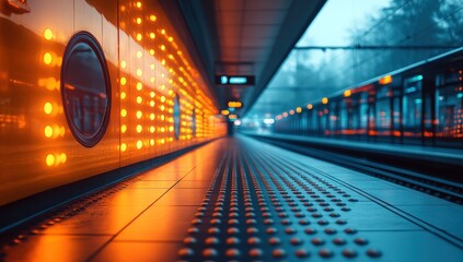 Futuristic urban transit station, glowing orange lights illuminate the empty platform, tracks await