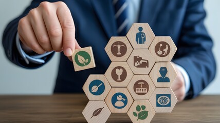 A person in a blue suit and tie placing a wooden hexagonal block with a green leaf into a pyramid of similar blocks with various