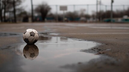 Old, worn soccer ball reflecting in a puddle on wet asphalt court. Concept of abandonment, fading dreams, or the end of a game during rainy weather.