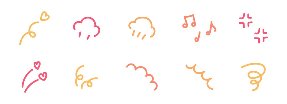 Set of cute line doodle hand drawn icons in manga Japanese style. Comic motion, movement, magic, twinkle effect. Naive childish playful whimsical crayon scribbles. Spark, confetti, stars, heart shapes