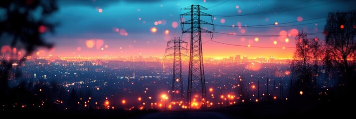 Panoramic city sunset with power line towers, vibrant sky colors, and magical, warm bokeh lights