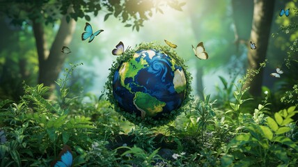 A vibrant globe surrounded by lush greenery and colorful butterflies in a sunlit forest Earth blue
