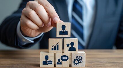 A person in a suit placing a wooden block with a man on of a stack of blocks with various on a wooden table