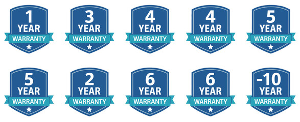 Warranty badges with shield icons and stars, featuring 1 to 10 year guarantee labels, quality assurance symbols, trusted service promise icons, long-term protection graphics