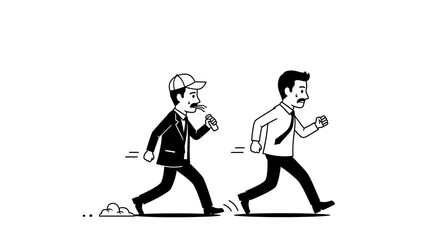 Two businessmen running in different styles on a white background