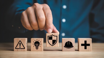 Hand pointing at wooden blocks with symbols on a wooden surface with a blurred background exclamation mark