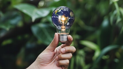Hand holding a lit light bulb with a miniature Earth inside surrounded by green foliage