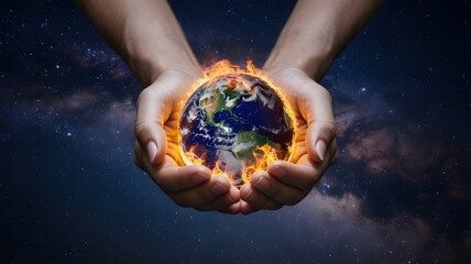Hands Holding a Flaming Earth Globe Against a Starry Night Sky flames fire