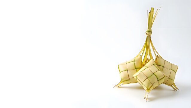 Authentic Indonesian ketupat, a diamond-shaped rice cake wrapped in woven young coconut leaves (janur), a traditional dish for Eid al-Fitr celebration. Close-up view with natural lighting.