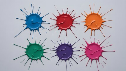 Six vibrant individual paint splatters in a striking array of colors including blue red orange green purple and pink spread dynamically on a clean light gray su