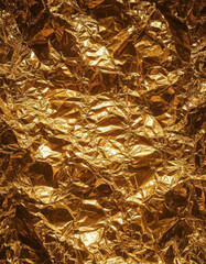 Textured metallic gold foil surface with crumpled and reflective details creating abstract effect
