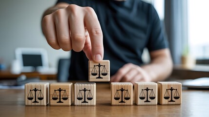 Person placing wooden block with scales of justice symbol on a row of similar blocks on a wooden desk