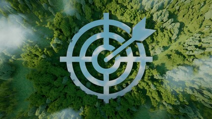 White target symbol with arrow over lush green forest from aerial view