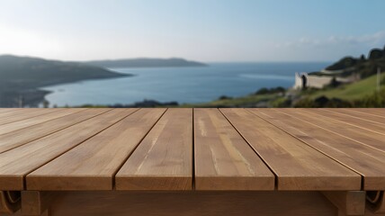 Wooden bench overlooking a serene coastal landscape with blue water and green hills in the background
