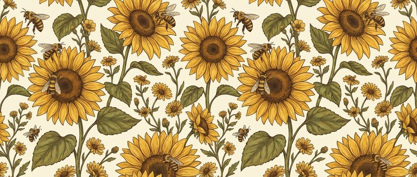 Hand Drawn Sunflowers and Bees Seamless Floral Pattern