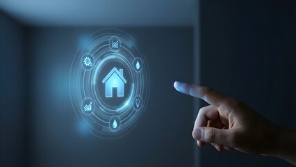 A hand interacting with a smart home interface on a transparent screen with various icons