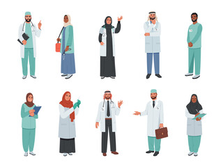 Muslim doctors. Middle eastern people medical team, islamic nurses characters with traditional headdresses, hijab or keffiyeh, consultation and health care tidy vector cartoon set
