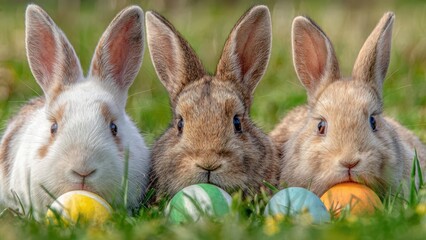Trio of adorable bunnies with colorful easter eggs in lush spring grass
