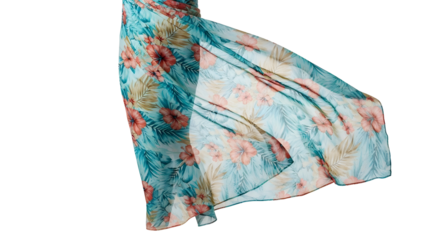 Flowing Teal and Coral Floral Print Lightweight Fabric Isolated on White Background