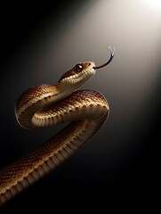 A brown snake with its tongue out in the air looking dangerous and alert alone