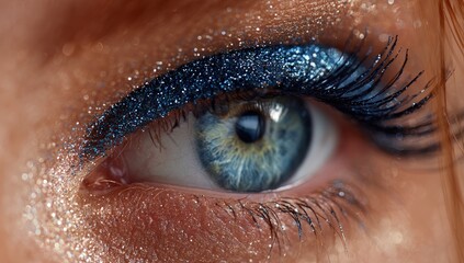 Close-up of a striking blue eye with shimmering blue glitter eyeliner and shadow