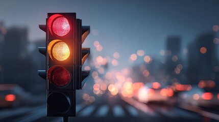 A close-up shot of a traffic light displaying red and yellow lights with the city blurred in the background