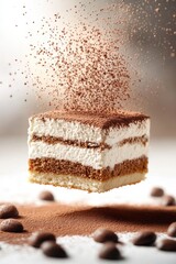 tiramisu slice flying with cocoa powder dust, isolated on white background