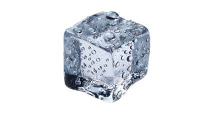 A single, isolated, transparent ice cube glistening with water droplets against black