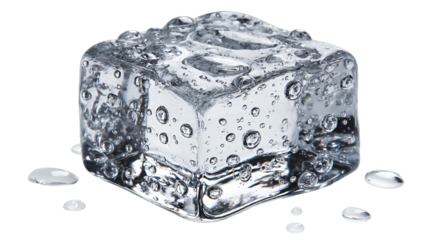 A transparent ice cube, clear with water droplets and a few droplets on the floor